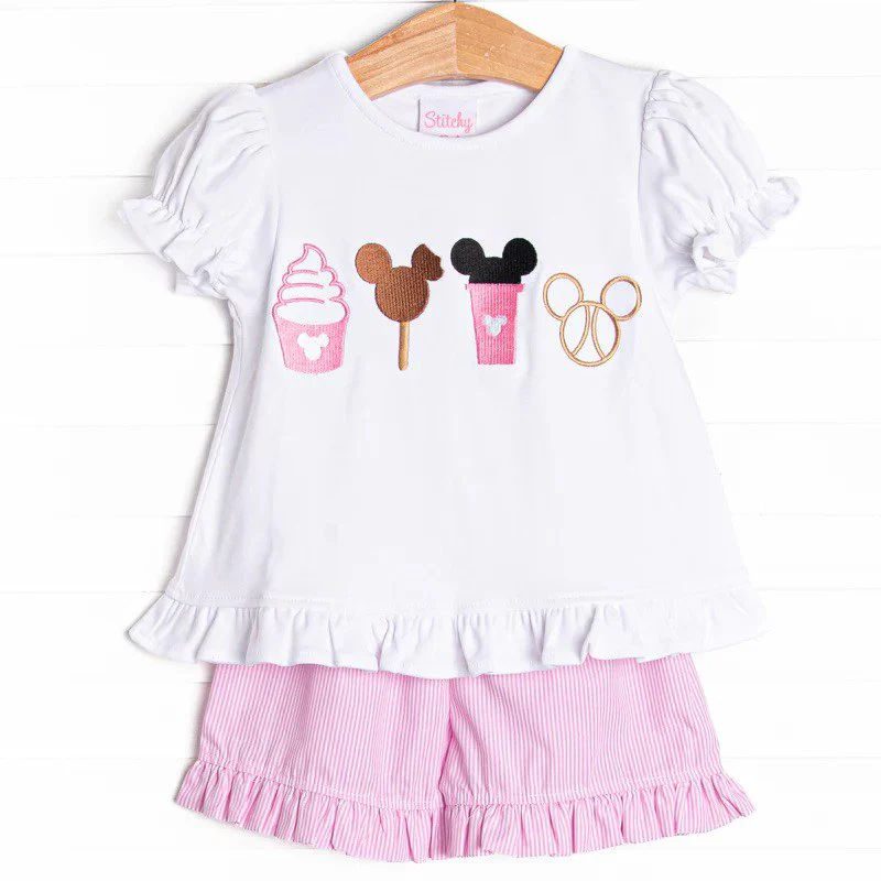 (Custom Design Preorder MOQ 5) Popsicle Cartoon Mouse Top Stripes Shorts Girls Summer Clothes Set