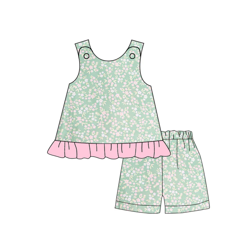 (Custom Design Preorder MOQ 5) Green Flowers Print Girls Summer Clothes Set