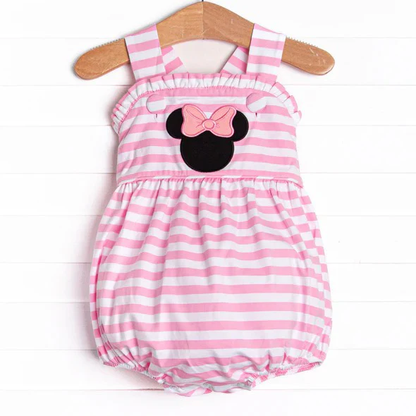 (Custom Design Preorder MOQ 5) Cartoon Mouse Pink Stripes Print Baby Girls Summer Romper