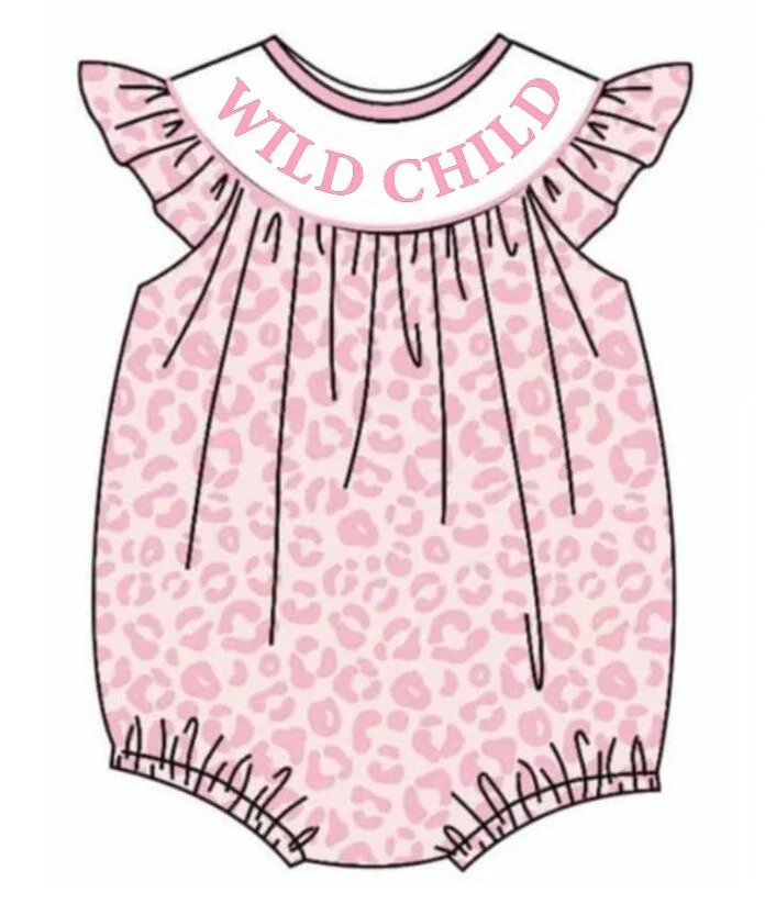 (Custom Design Preorder MOQ 5) Pink Leopard WILD CHILD Print Baby Girls Summer Romper