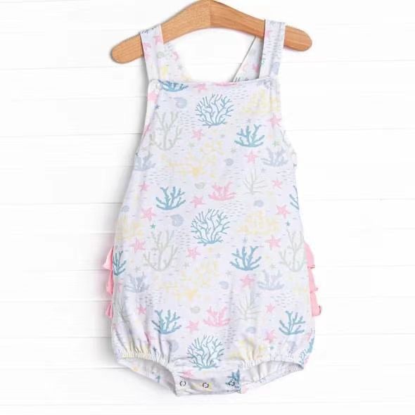 (Custom Design Preorder MOQ 5) Seaweed Print Baby Girls Summer Bubble Romper