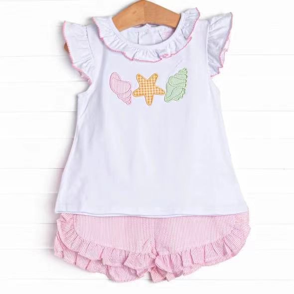 (Custom Design Preorder MOQ 5) Starfish Top Ruffle Shorts Girls Summer Clothes Set