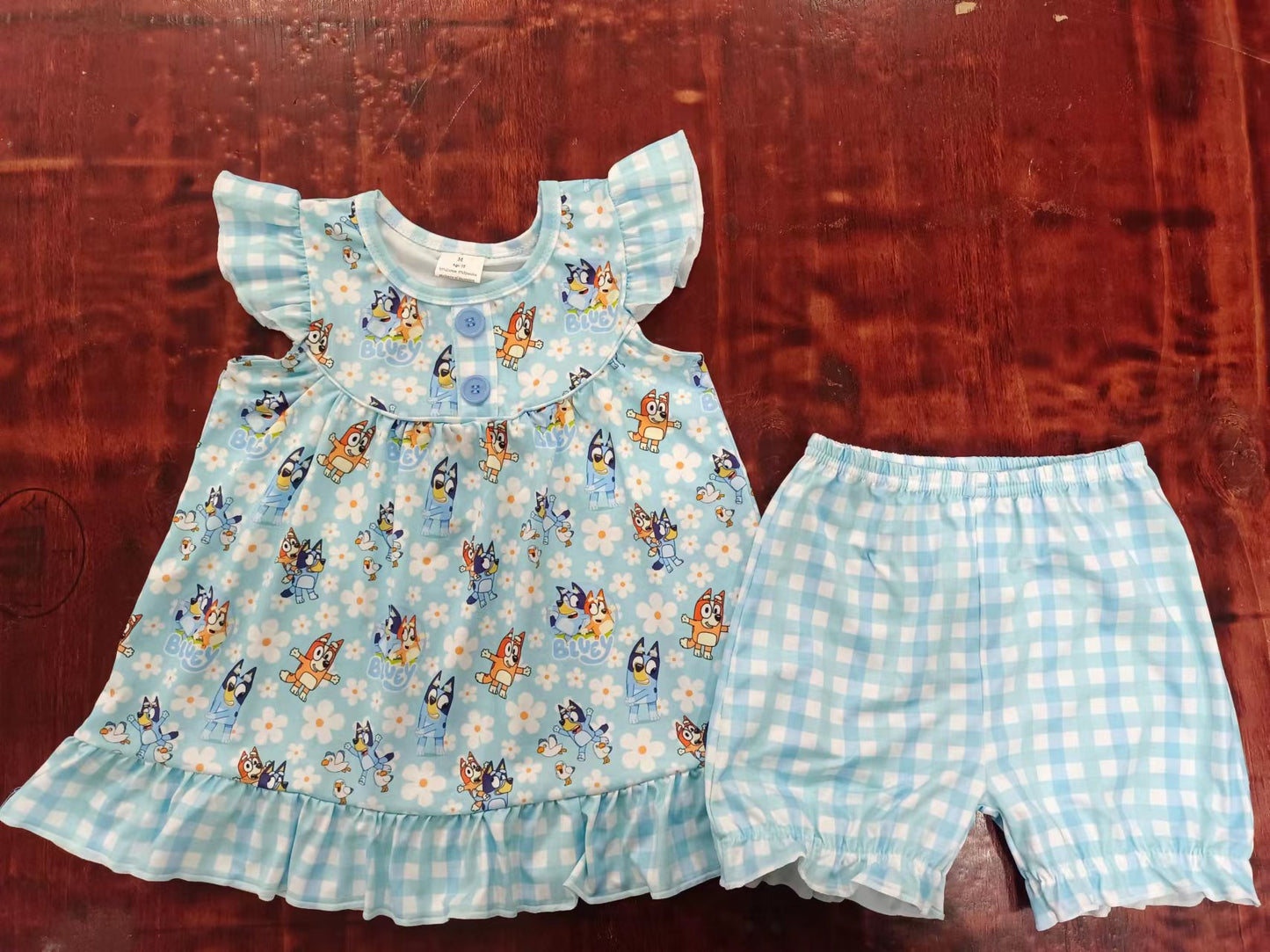 (Custom Design Preorder MOQ 5) Blue Cartoon Dog Flowers Top Plaid Shorts Girls Summer Clothes Set
