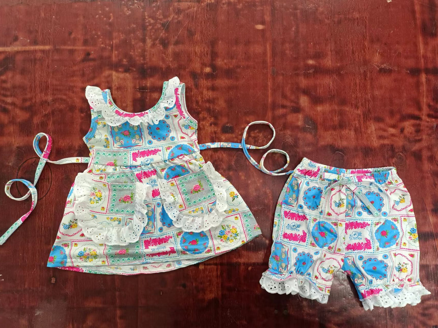 (Custom Design Preorder MOQ 5) Flowers Pockets Tunic Top Shorts Girls Summer Clothes Set