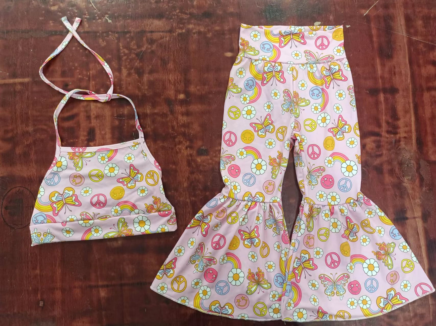 (Custom Design Preorder MOQ 5) Butterfly Flowers Rainbow Print Girls Clothes Set