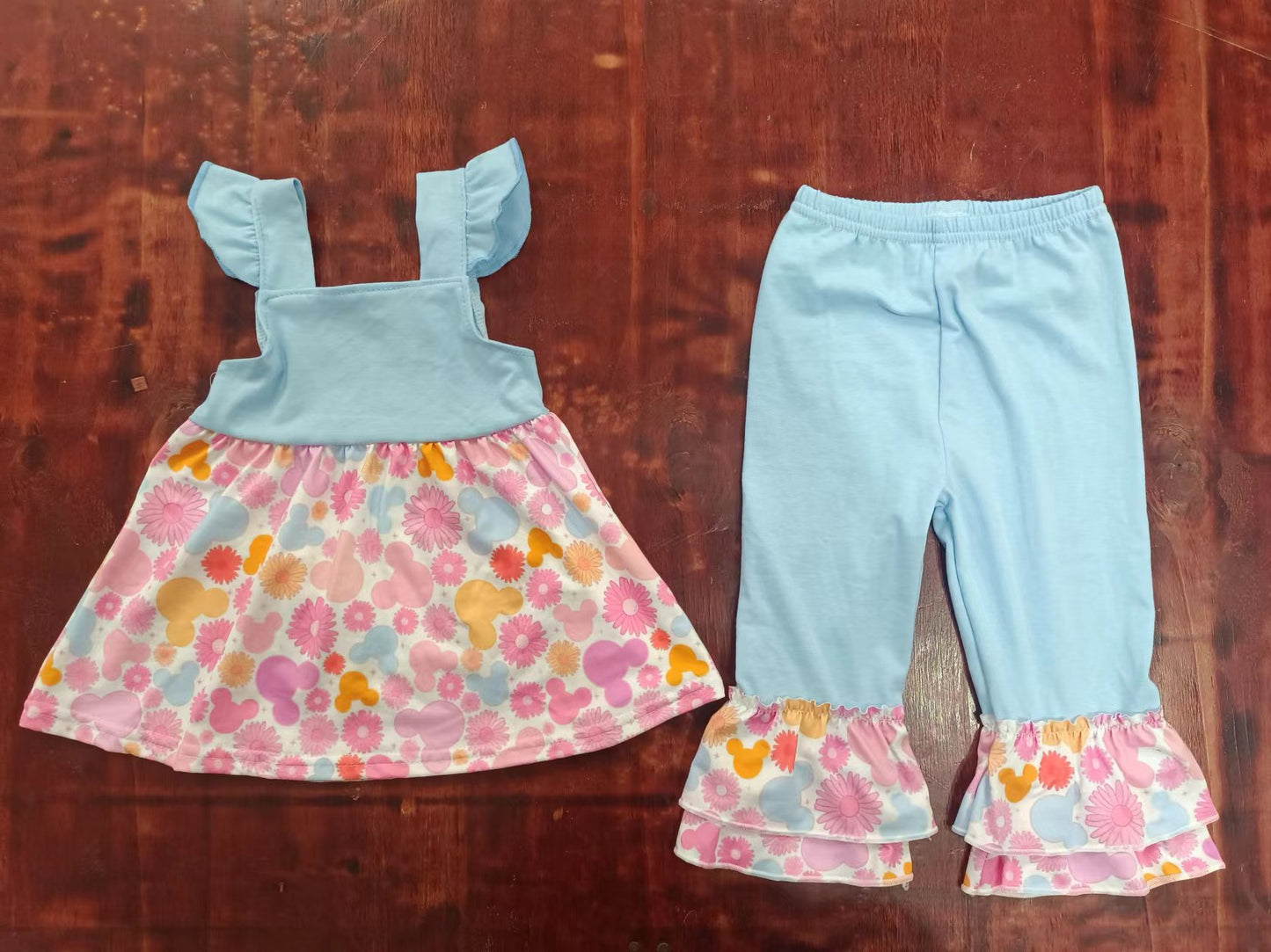 (Custom Design Preorder MOQ 5) Cartoon Mouse Flowers Print Girls Clothes Set