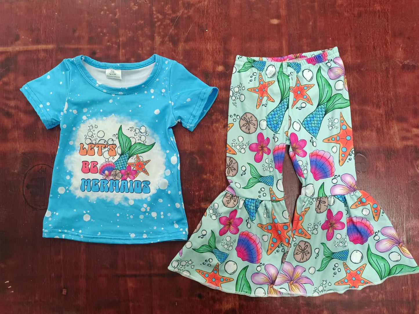(Custom Design Preorder MOQ 5) Mermaid Print Bell Pants Girls Clothes Set