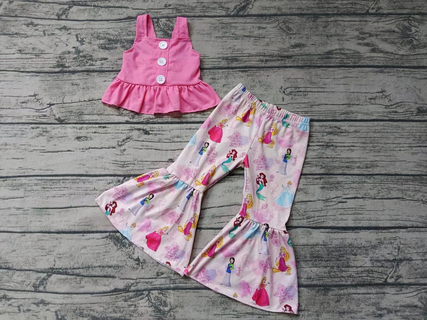 (Custom Design Preorder MOQ 5) Cartoon Princess Print Girls Bell Pants Clothes Set