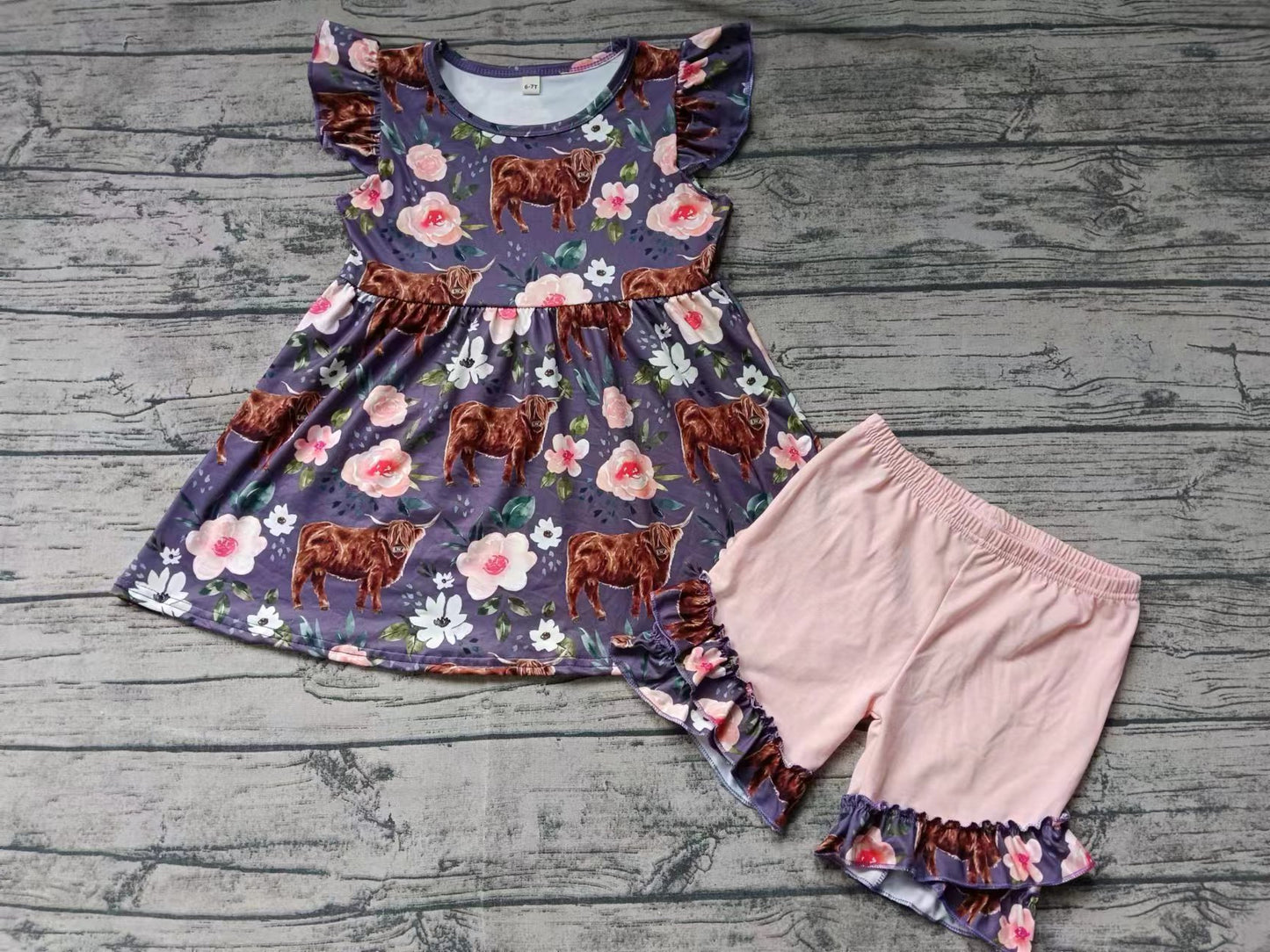 (Custom Design Preorder MOQ 5) Highland Cow Flowers Print Girls Summer Clothes Set