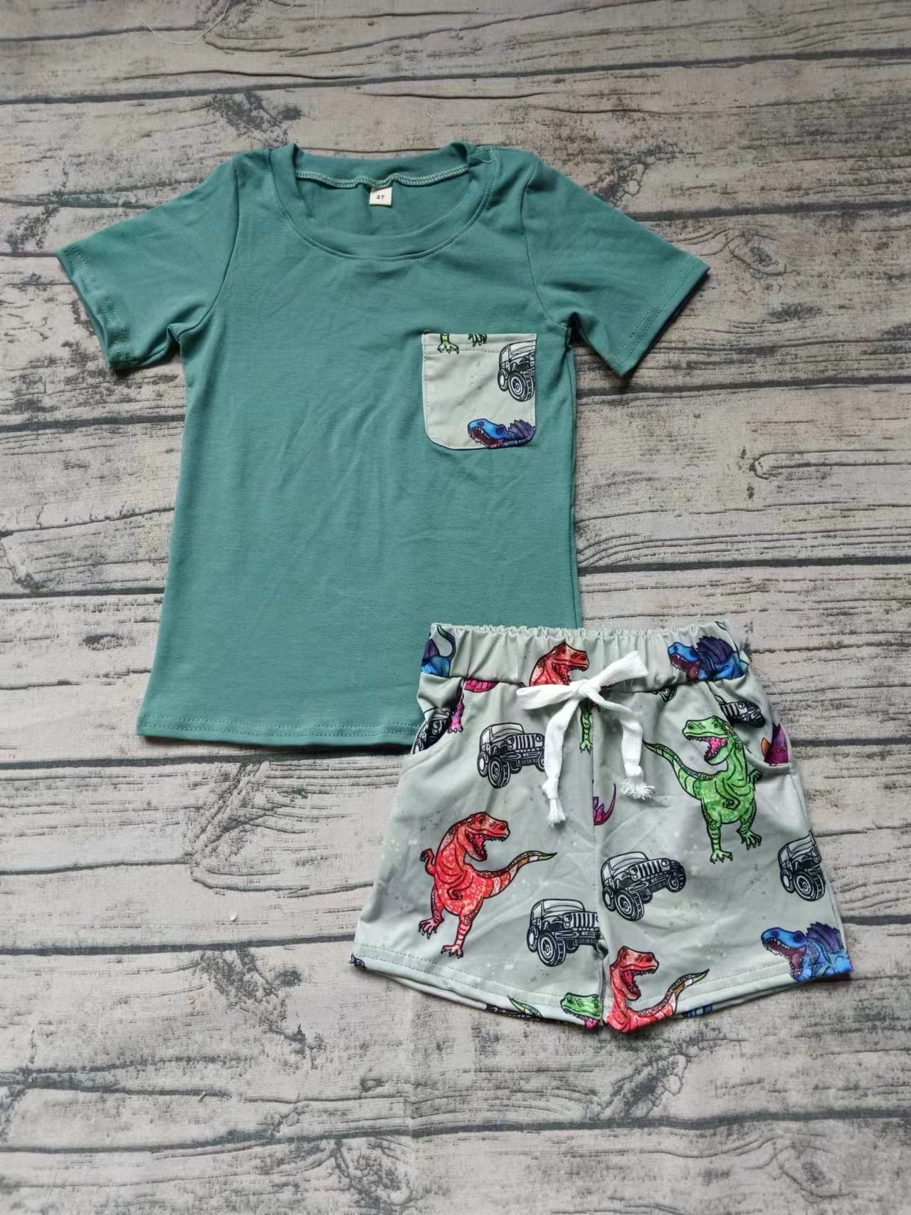 (Custom Design Preorder MOQ 5) Dino Print Boys Summer Clothes Set