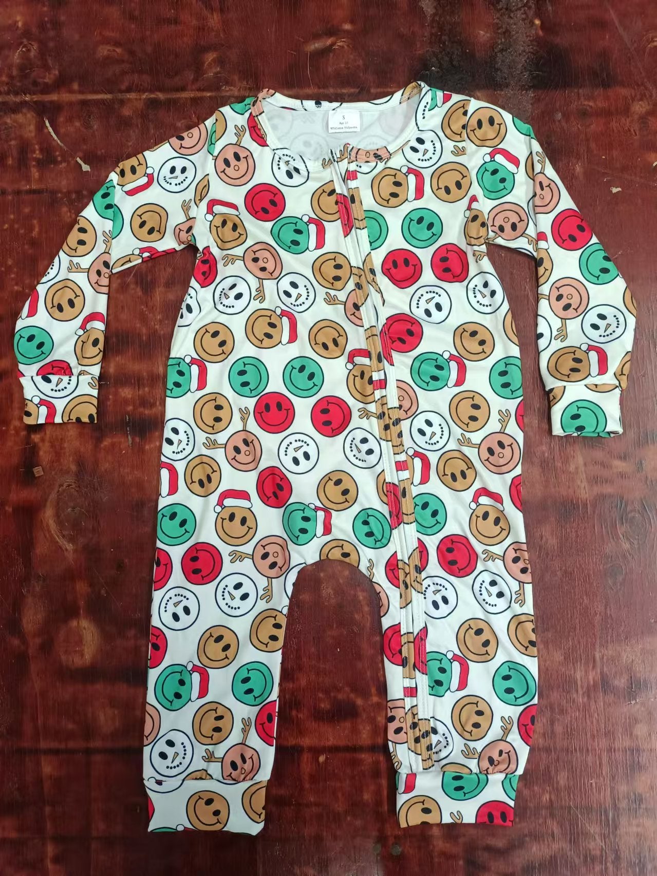 (Custom Design Preorder MOQ 20) Smiling Face Print Baby Girls Christmas Bamboo Sleeper Zipper Romper