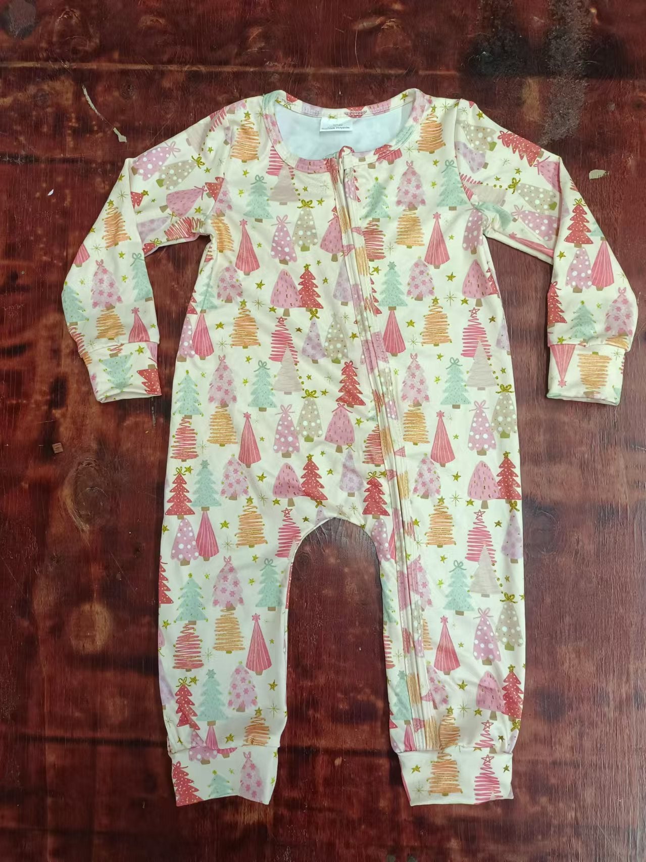 (Custom Design Preorder MOQ 20) Pink Tree Print Baby Girls Christmas Bamboo Sleeper Zipper Romper
