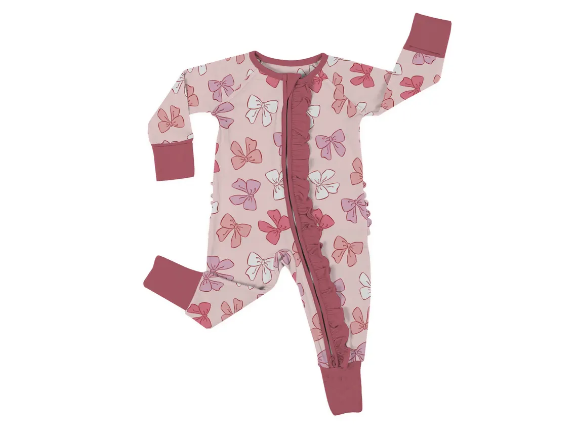 (Custom Design Preorder MOQ 20) Bows Print Baby Girls Fall Bamboo Sleeper Zipper Romper