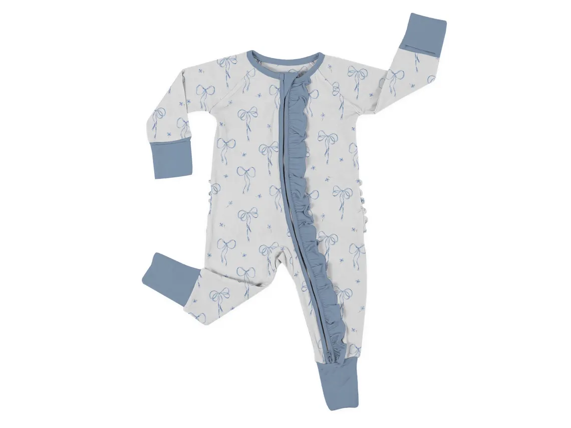 (Custom Design Preorder MOQ 20) Gray Bows Print Baby Girls Fall Bamboo Sleeper Zipper Romper