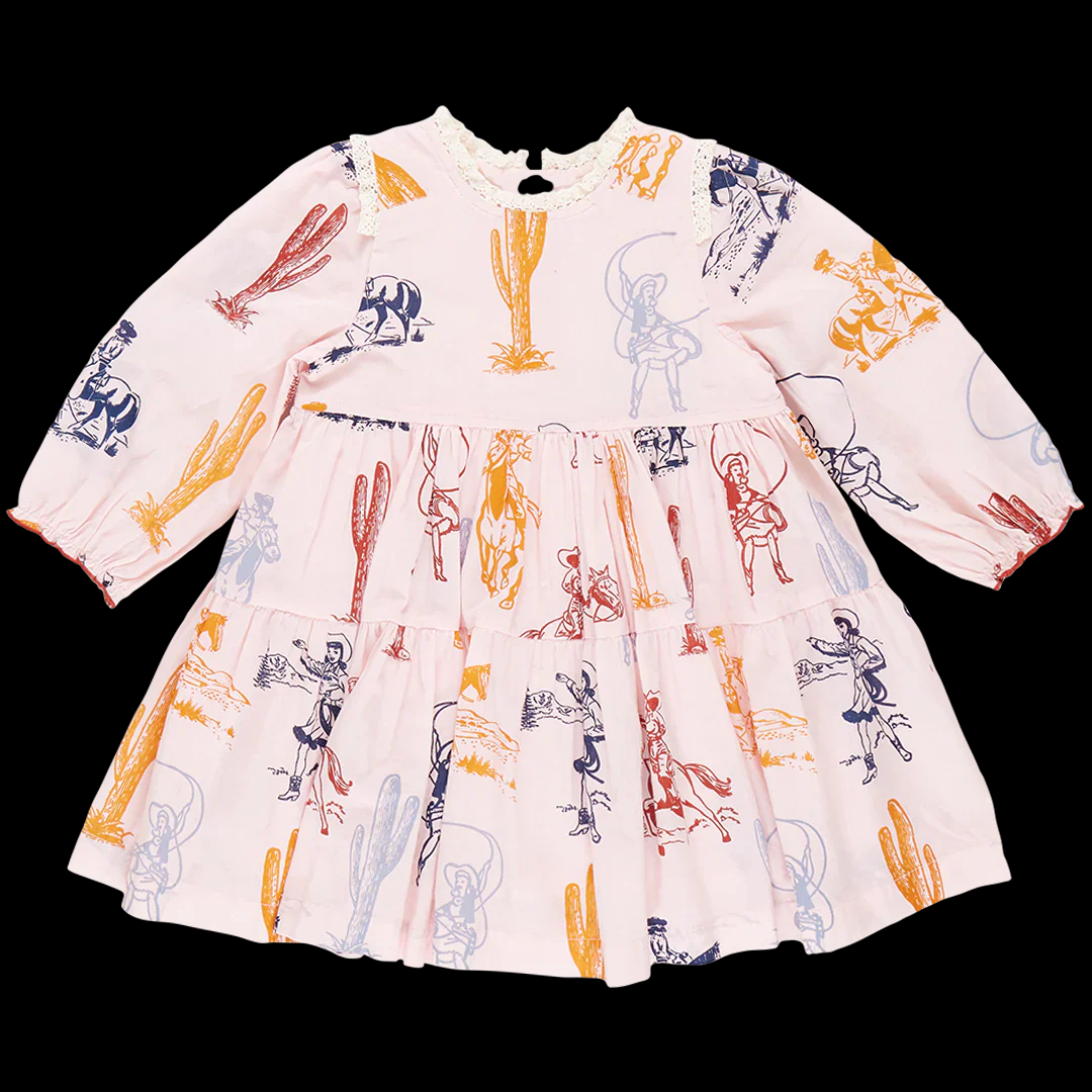 (Custom Design Preorder MOQ 5) Cowgirl Cactus Pink Print Girls Fall Knee Length Dress