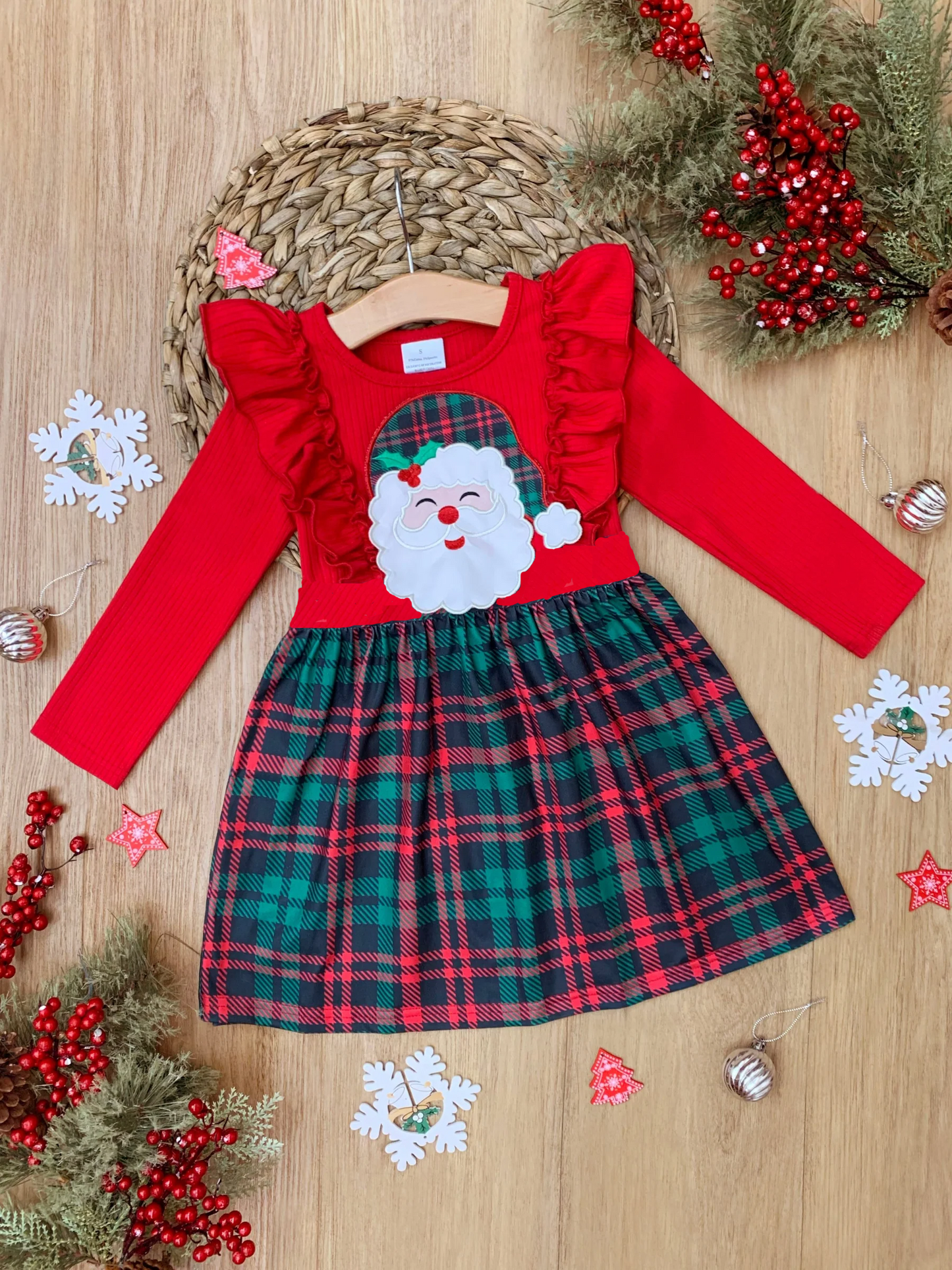 (Custom Design Preorder MOQ 5) Santa Plaid Print Girls Christmas Knee Length Dress