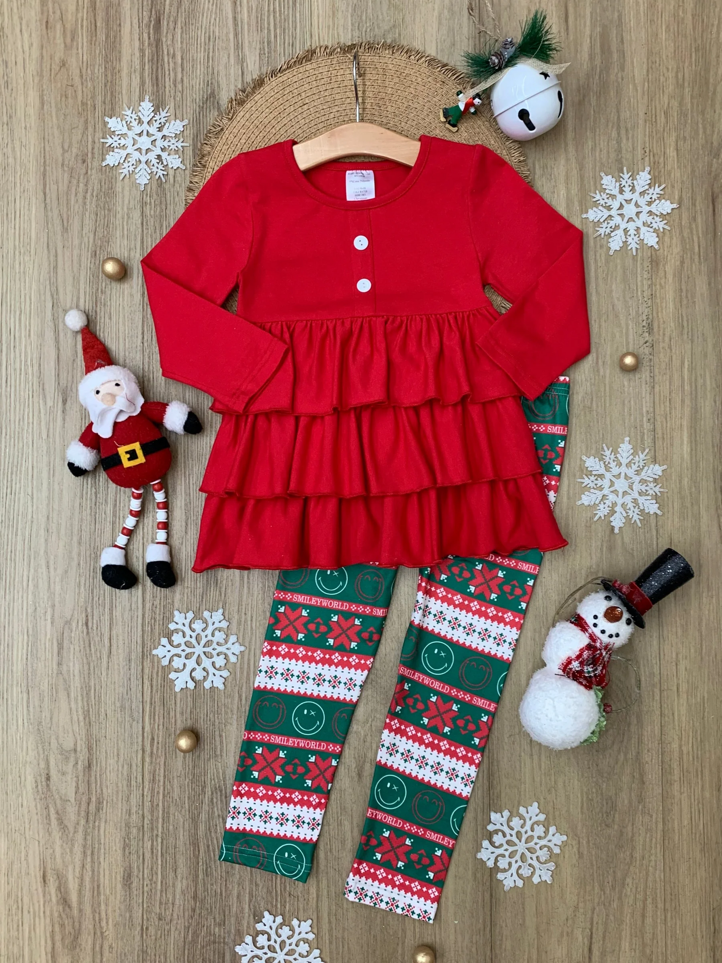 (Custom Design Preorder MOQ 5) Red Ruffles Tunic Top Legging Pants Girls Christmas Clothes Set