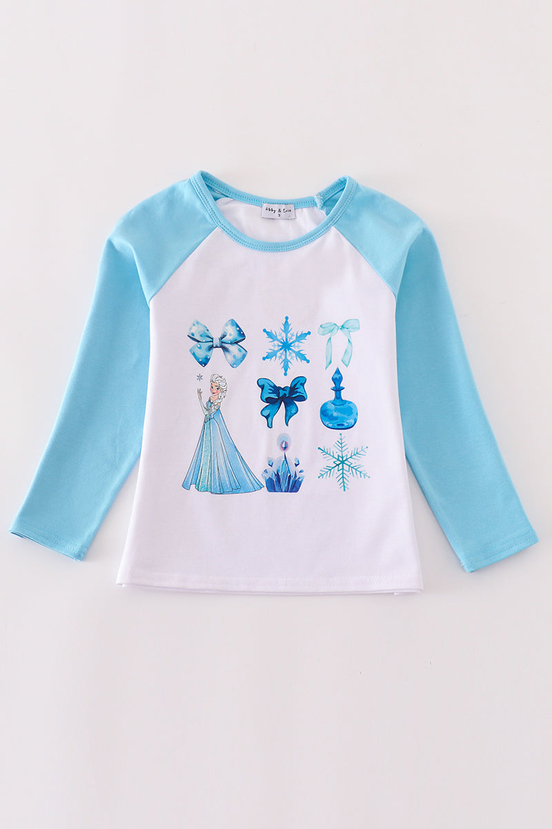 (Custom Design Preorder MOQ 5) Cartoon Princess Snowflake Blue Print Girls Tee Shirts Top