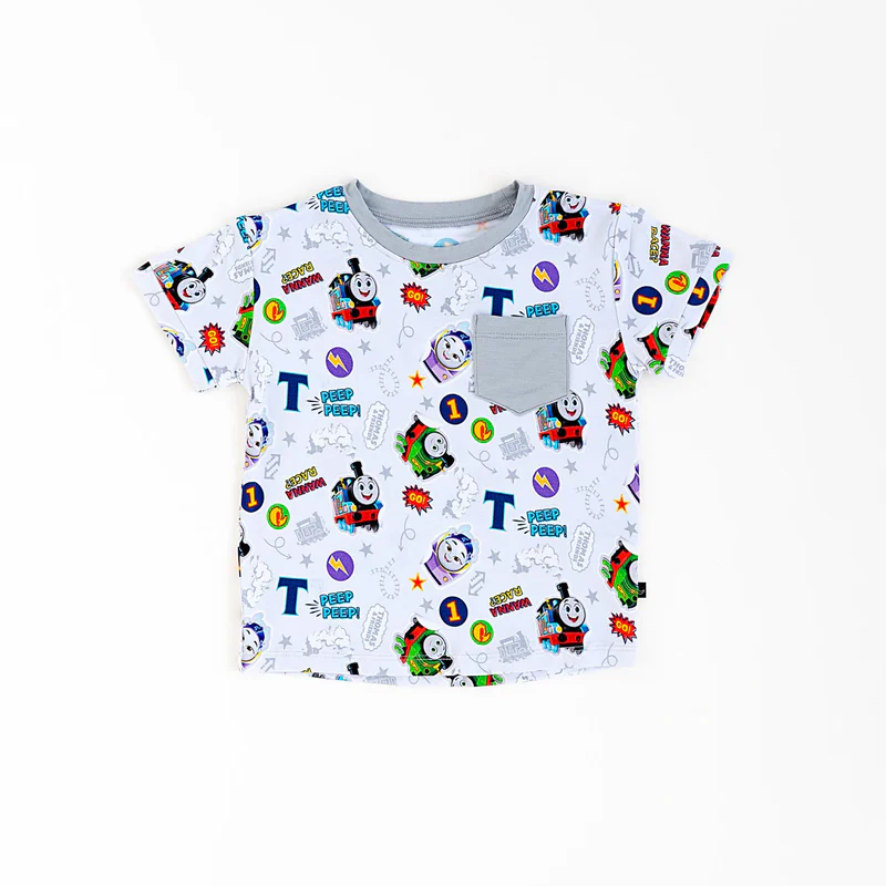 (Custom Design Preorder MOQ 5) Cartoon Train Print Boys Summer Tee Shirts Tops