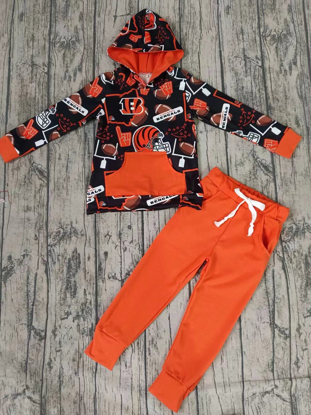 (Custom Design Preorder MOQ 5 ) Team's Bengals Hoodie Top Orange Pants Boys Fall Clothes Set