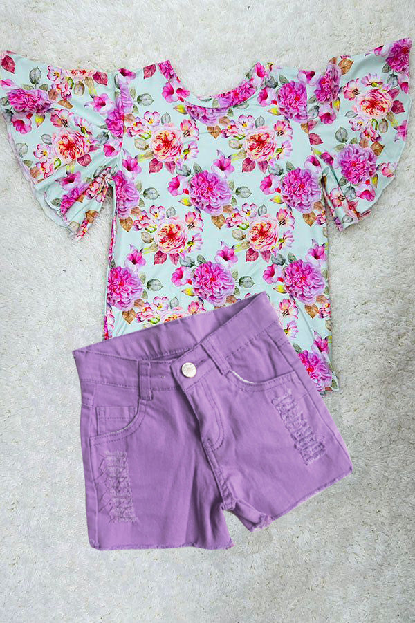 (Custom Design Preorder MOQ 5) Purple Flowers Top Denim Shorts Girls Summer Clothes Set