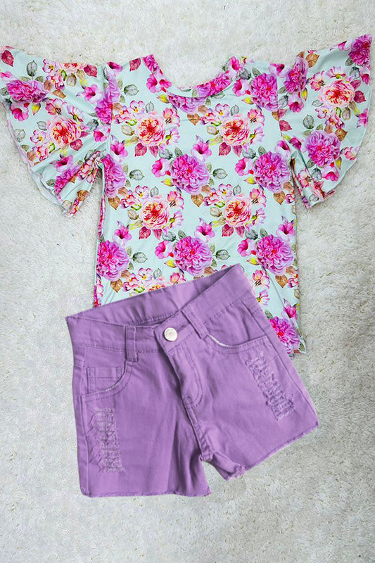 (Custom Design Preorder MOQ 5) Purple Flowers Top Denim Shorts Girls Summer Clothes Set