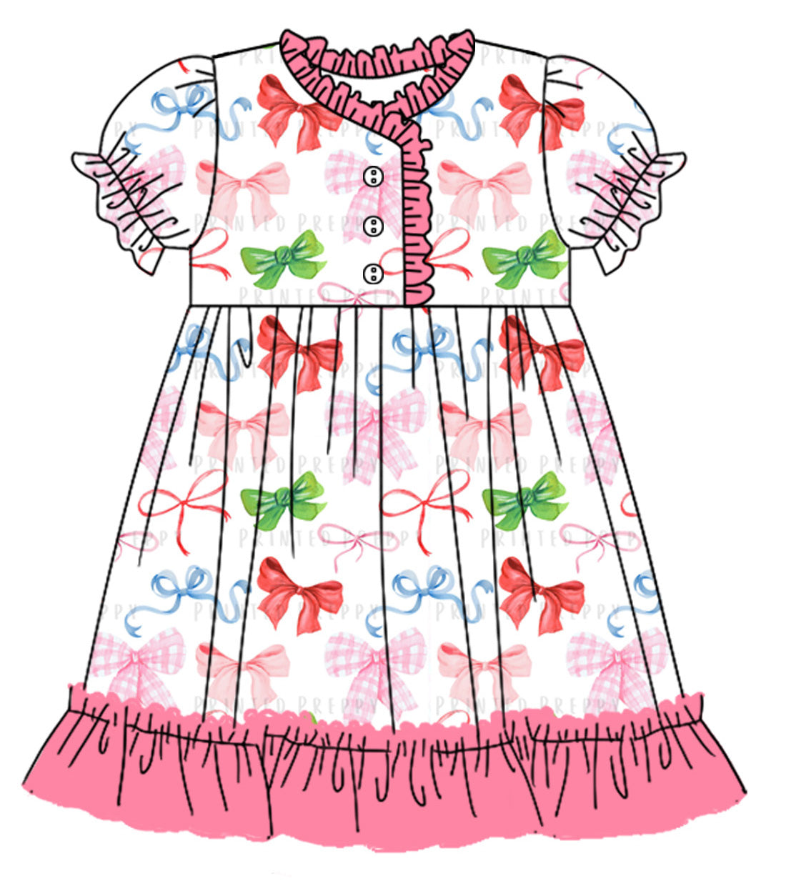 12.11(Custom Design Preorder MOQ 5) Colorful Bows Print Girls Summer Pajamas Knee Length Dress