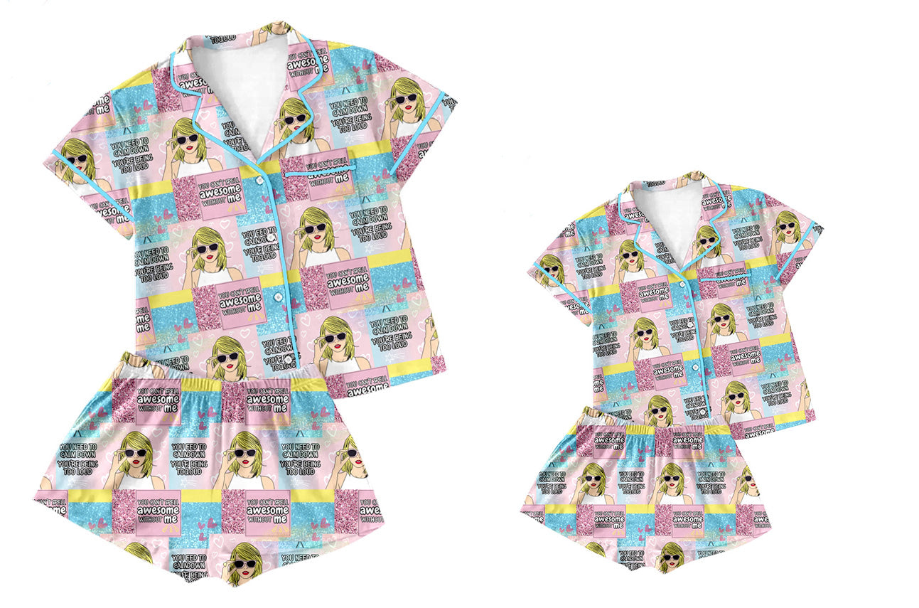 12.11(Custom Design Preorder MOQ 5 Each Design) Singer Swiftie Print Buttons Pajamas Sets Mom and Me Summer Matching Clothes