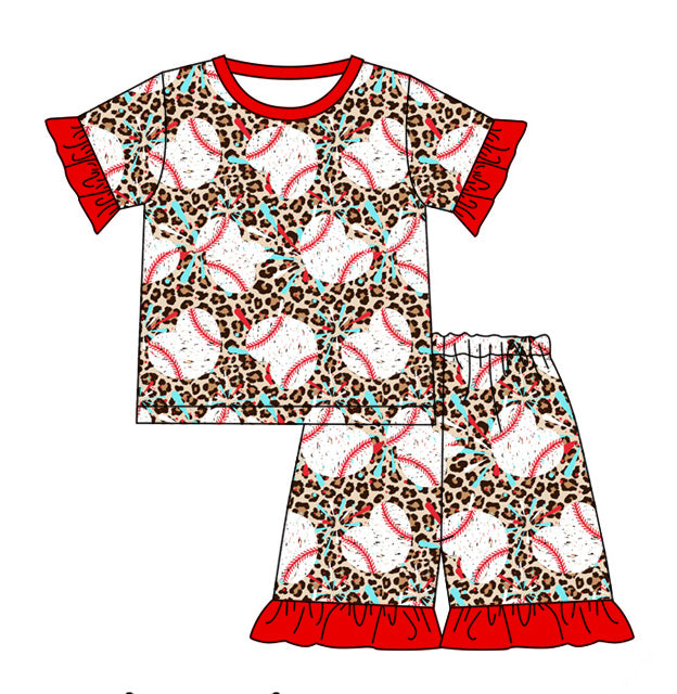 12.11(Custom Design Preorder MOQ 5) Baseball Leopard Print Girls Summer Pajamas Clothes Set