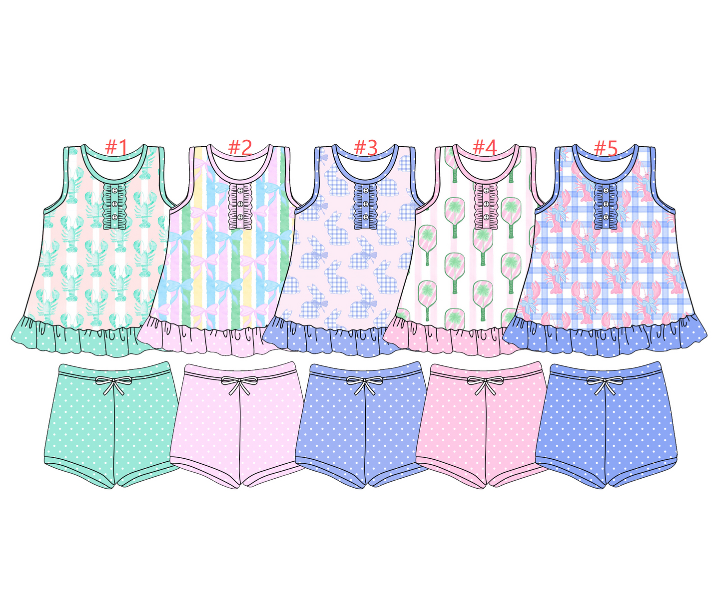 12.4 (Custom Design Preorder MOQ 5) Crayfish Bows Bunny Print Girls Summer Clothes Set Sisters Wear