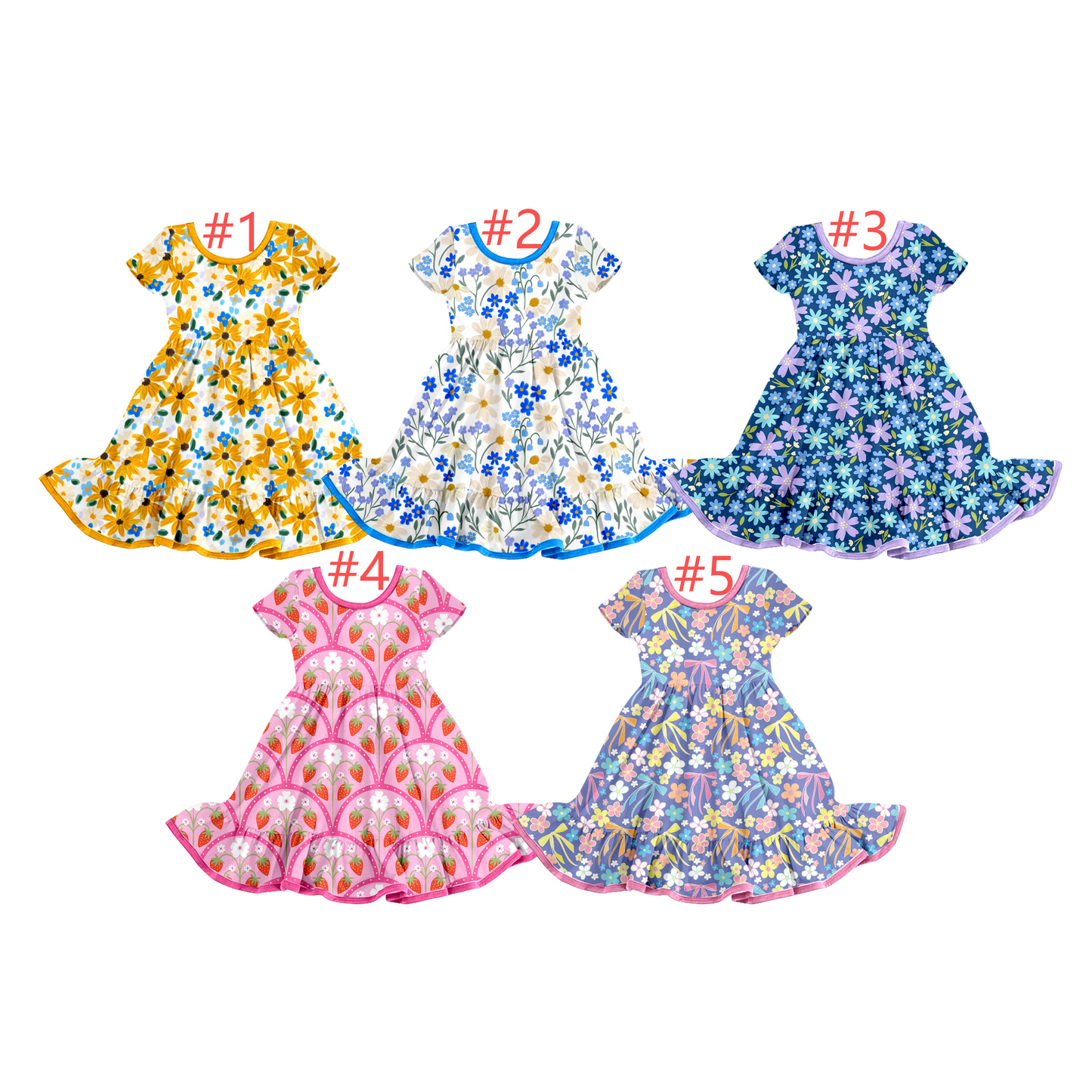 12.8 (Custom Design Preorder MOQ 5) Flowers Print Girls Summer Knee Length Dress Sisters Wear