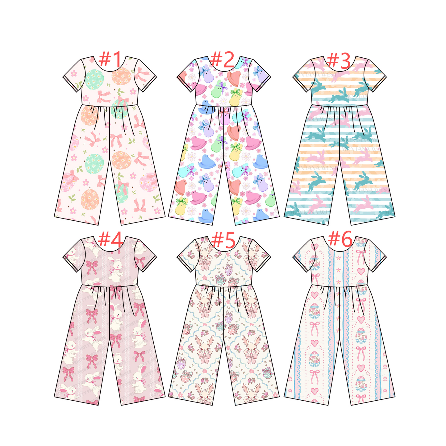 12.8 (Custom Design Preorder MOQ 5) Bunny Flowers Print Girls Easter Jumpsuits