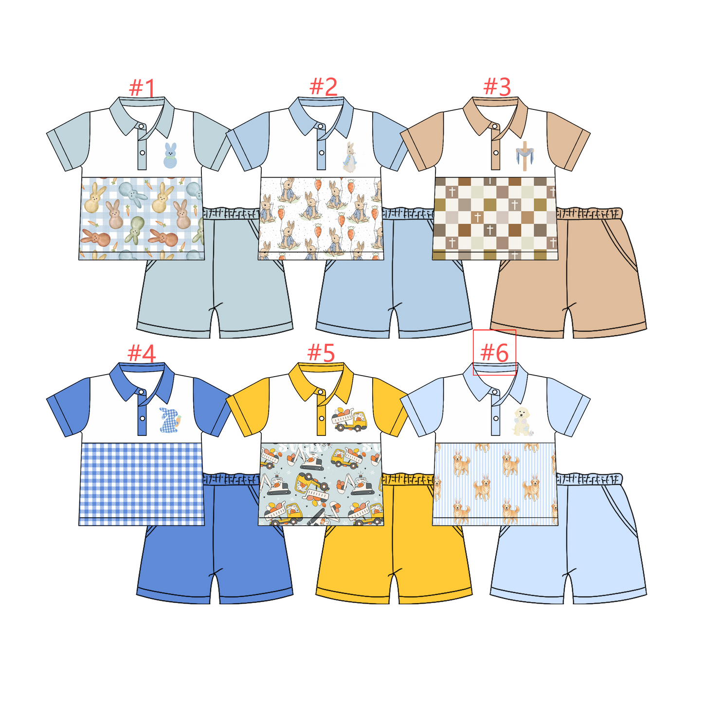 12.22 (Custom Design Preorder MOQ 5) Bunny Print Boys Polo Top Pockets Shorts Easter Clothes Set Brothers Wear