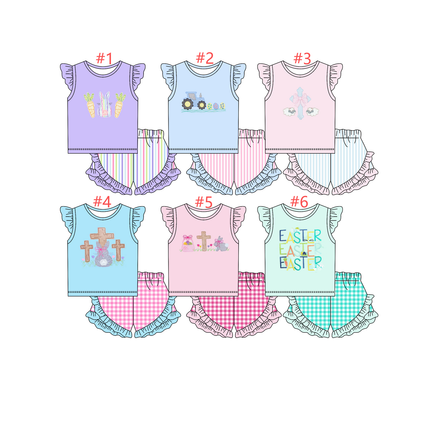 12.23 (Custom Design Preorder MOQ 5) Bunny Eggs Cross Print Girls Easter Clothes Set Sisters Wear