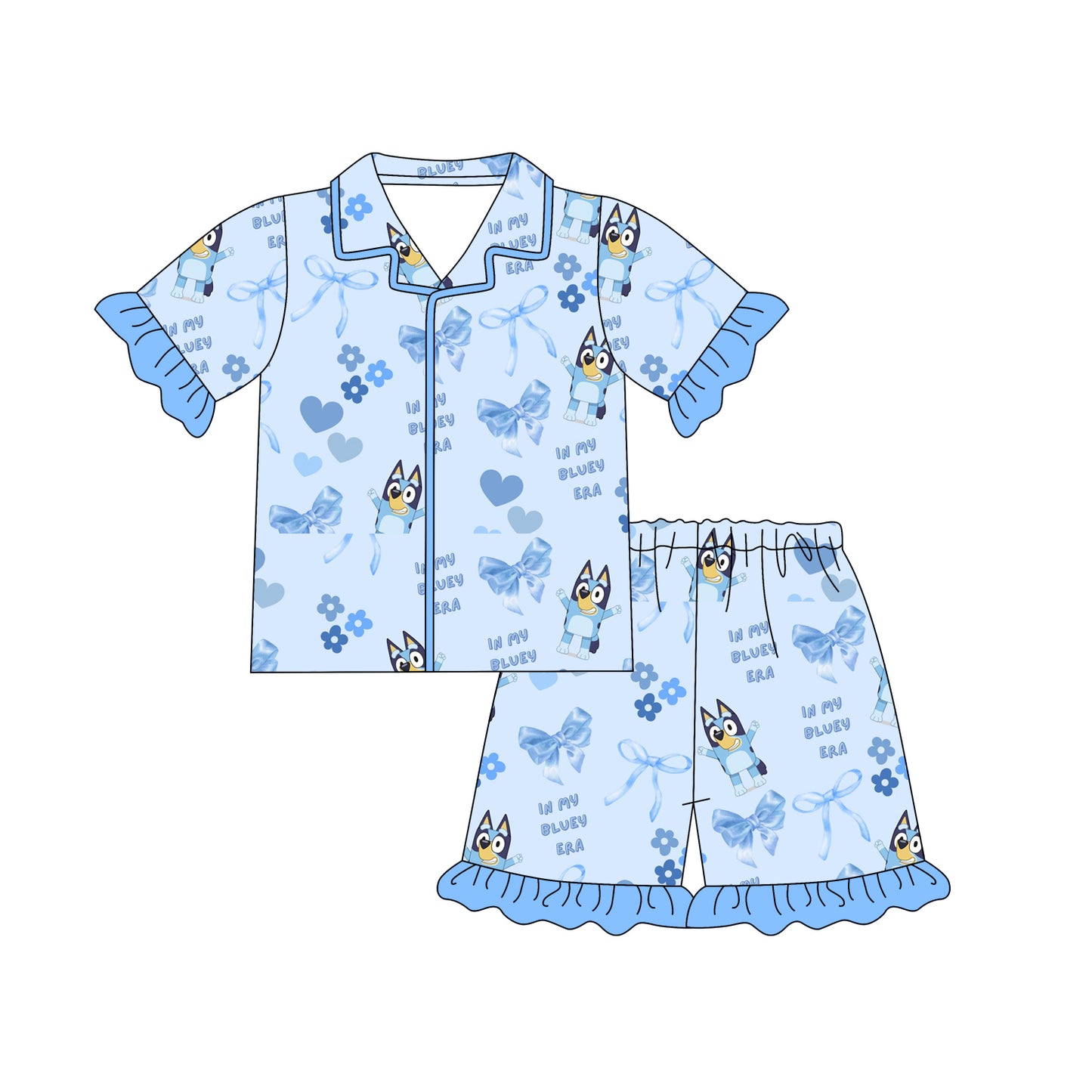 1.8(Custom Design Preorder MOQ 5 Each Design) Cartoon Dog Blue Print Girls Summer Pajamas Matching Clothes Sisters Wear