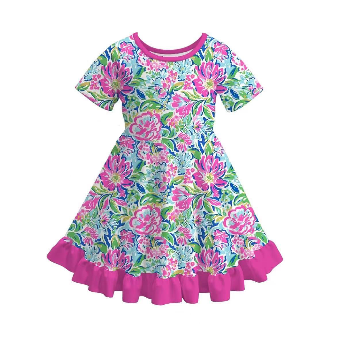 (Custom Design Preorder MOQ 5) Flowers Print Girls Summer Knee Length Dress