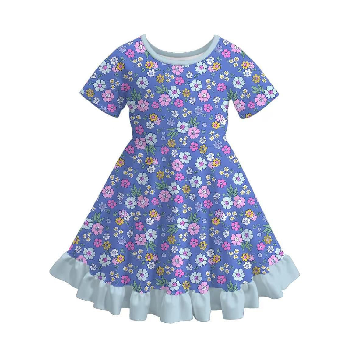 (Custom Design Preorder MOQ 5) Blue Flowers Print Girls Summer Knee Length Dress