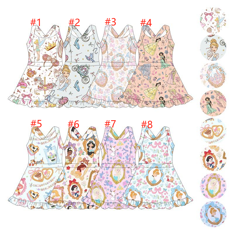 (Custom Design Preorder MOQ 5 Each Item) 1-4 Styles Cartoon Princess Print Shorts Ruffle Skirts Girls Summer Yoga Dress