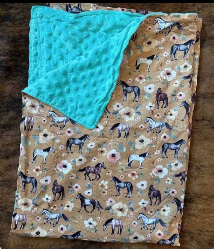 (Custom Design Preorder MOQ 5) Horse Flowers Print Baby Girls Western Minky Blanket