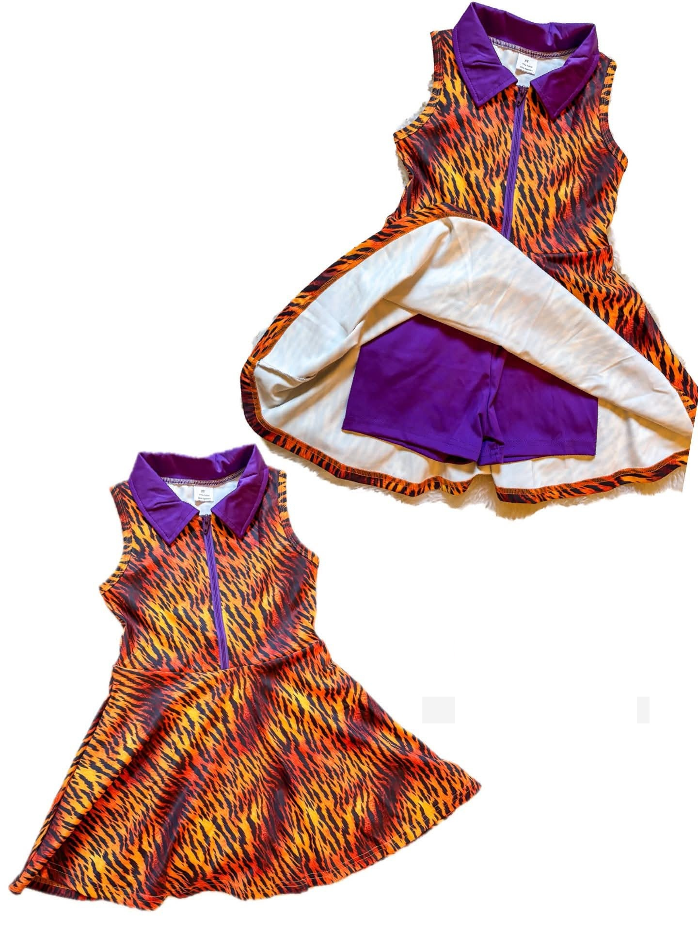 (Custom Design Preorder MOQ 5) Tigers Purple Print Zipper Top Shorts Skirts Girls Summer Yoga Dress