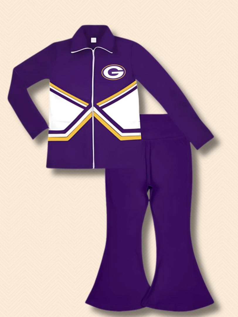 (Custom Design Preorder MOQ 5) Team's G Purple Zipper Top Bell Pants Girls Fall Clothes Sets