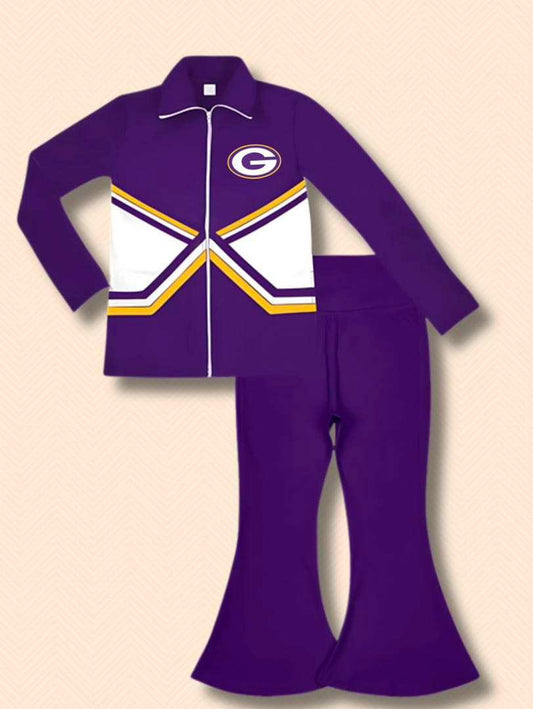 (Custom Design Preorder MOQ 5) Team's G Purple Zipper Top Bell Pants Girls Fall Clothes Sets