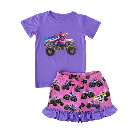 (Custom Design Preorder MOQ 5) Monster Trucks Purple Top Shorts Girls Summer Clothes Set