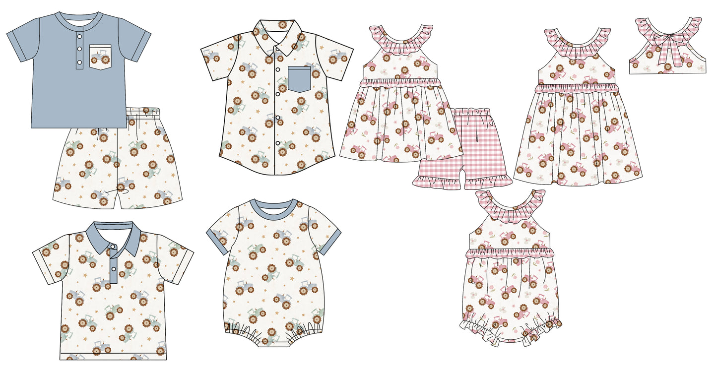 12.23 (Custom Design Preorder MOQ 5 Each Design) Tractors Farm Print Kids Summer Matching Clothes Sibling Wear