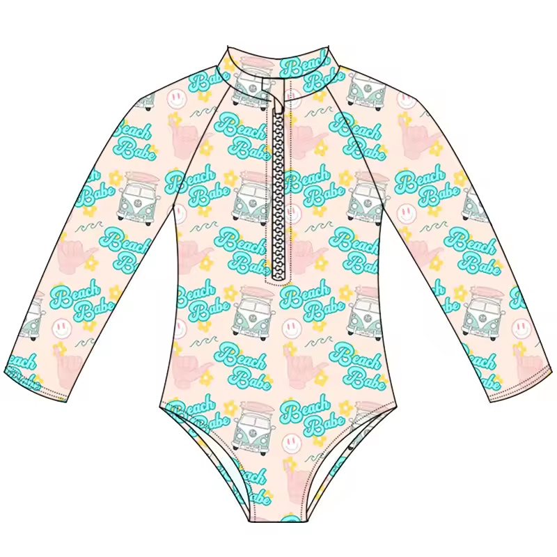(Custom Design Preorder MOQ 5) Beach Babe Camper Print Girls 1 Piece Long Sleeve Zipper Swimsuits