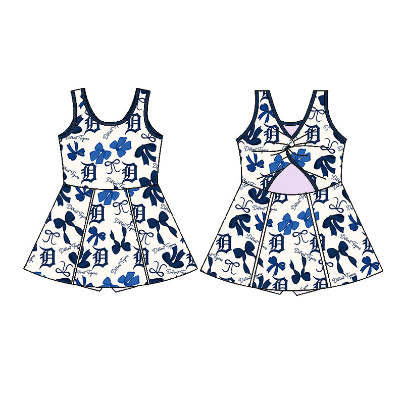 (Custom Design Preorder MOQ 5 Each Color) Team's DETROIT TIGERS Bows Print Girls Summer Clothes Sisters Matching Wear
