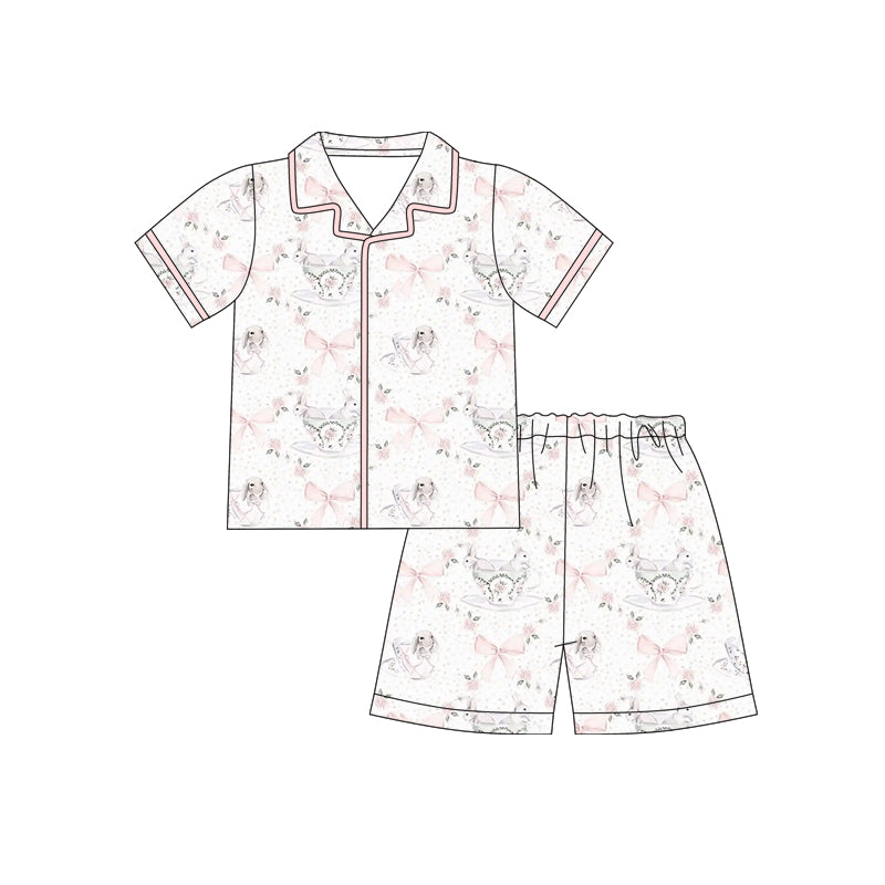 12.10 (Custom Design Preorder MOQ 5) Bunny Bows Print Girls Easter Buttons Pajamas Clothes Set