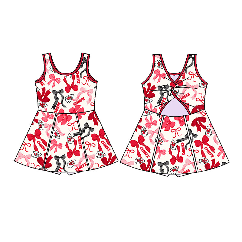 (Custom Design Preorder MOQ 5 Each Color) Team's KC CHIEFS Bows Print Girls Summer Clothes Sisters Matching Wear