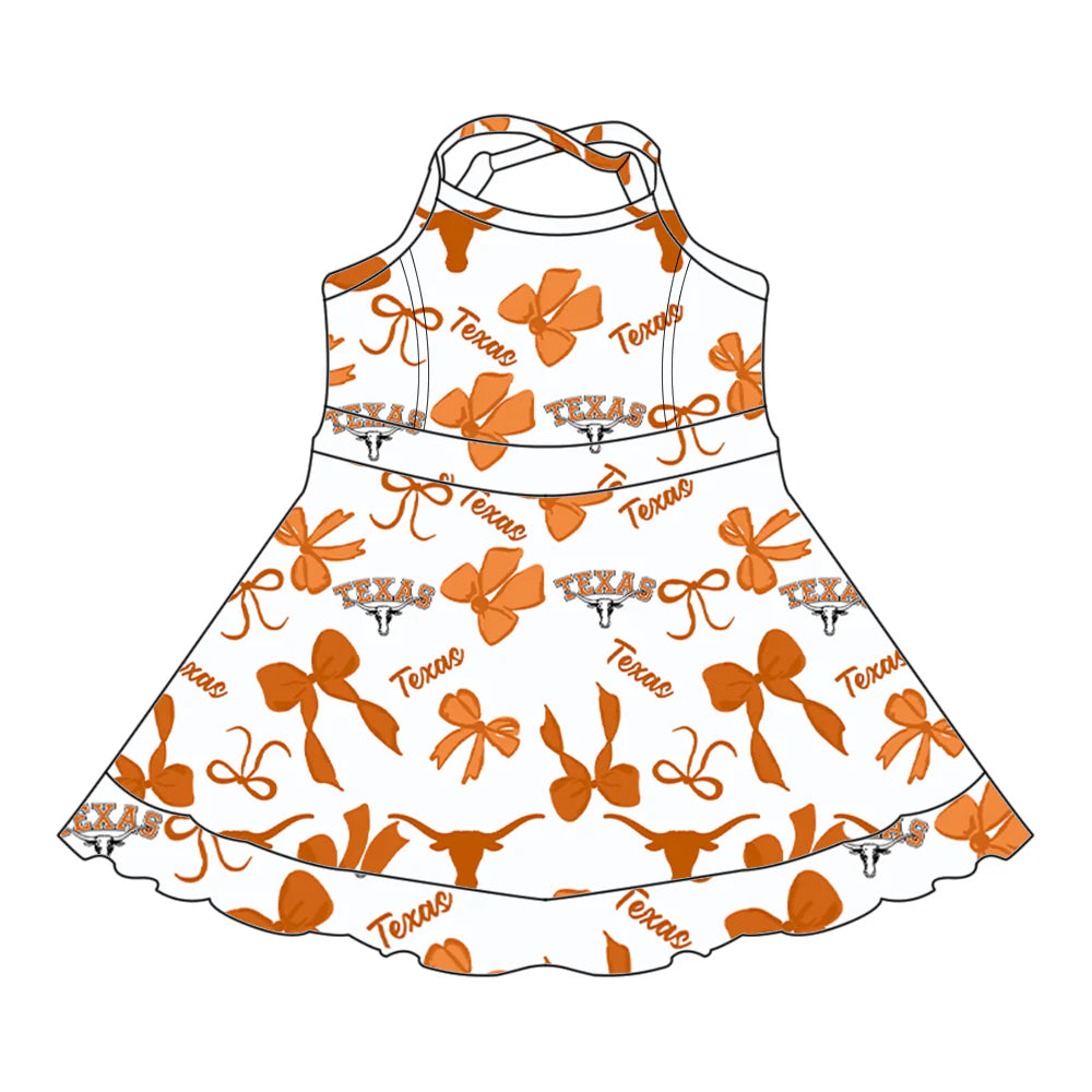 (Custom Design Preorder MOQ 5 Each Item) Team's TEXAS Orange Bows Print Girls Yoga Dresses and Outfits Sisters Matching Clothes