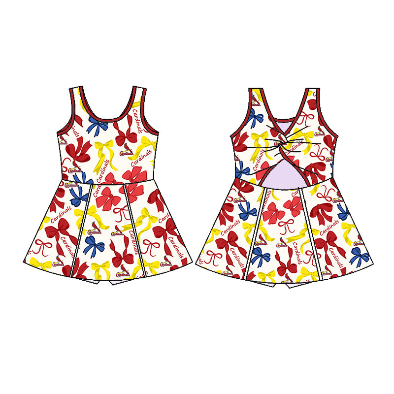 (Custom Design Preorder MOQ 5 Each Color) Team's CARDINALS Bows Print Girls Summer Clothes Sisters Matching Wear